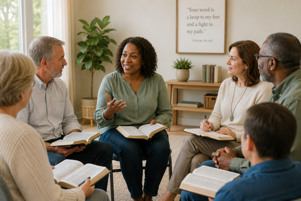 Adult Sunday School class discussing the Bible together in a bright church classroom while the teacher facilitates conversation.