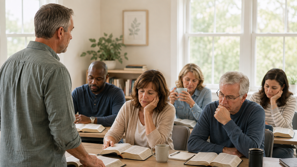 Adult Sunday School teacher waiting for class members to answer a Bible discussion question as they pause to think.